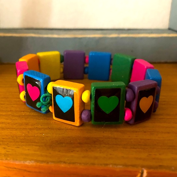 Fun Chunky Vibrant Wooden Bead Heart 90s Bracelet
